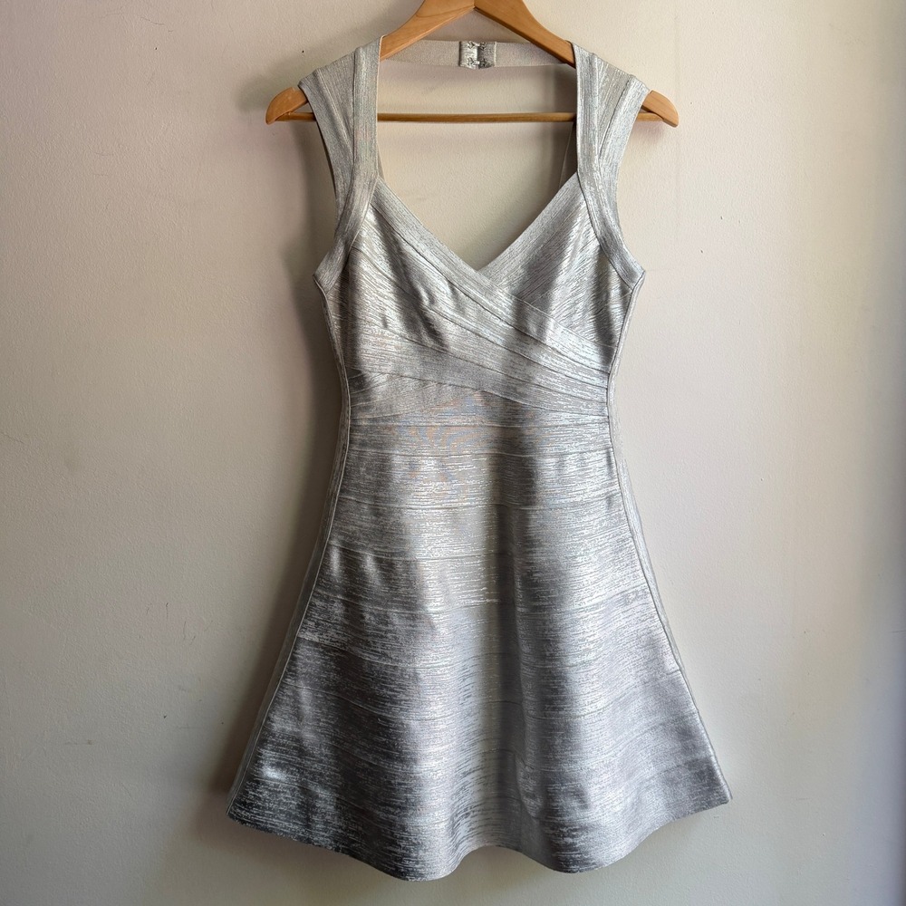 Herve Leger Breton Metallic Bandage Flare Dress Silver M Good